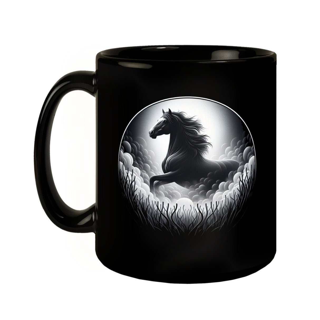 Schwarzes Pferd im Nebel Tasse schwarz in Schwarz