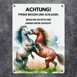 Pferd Metallschild in 15x20 cm mit Spruch Vorsicht Pferde beißen schlagen Kinder überwachen