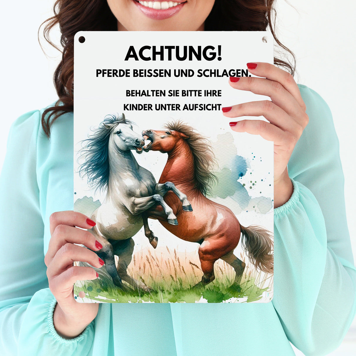 Pferd Metallschild in 15x20 cm mit Spruch Vorsicht Pferde beißen schlagen Kinder überwachen