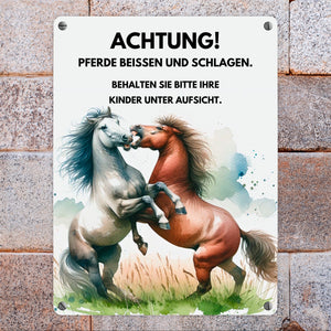 Pferd Metallschild in 15x20 cm mit Spruch Vorsicht Pferde beißen schlagen Kinder überwachen