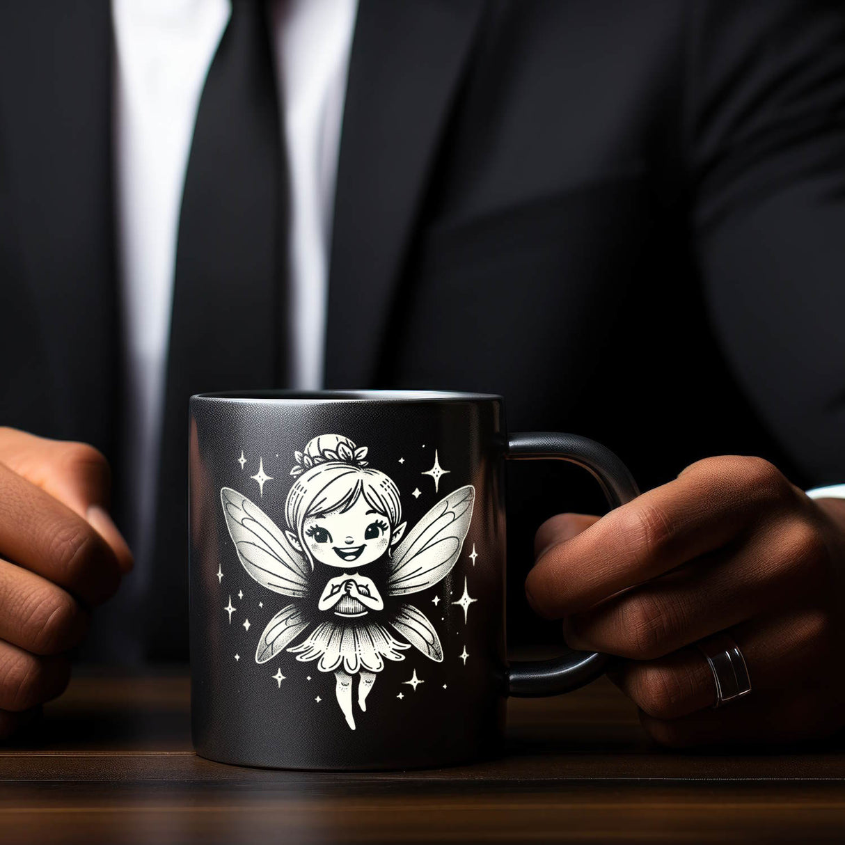 Zauberhafte Märchenfigur Fee Tasse schwarz in Schwarz