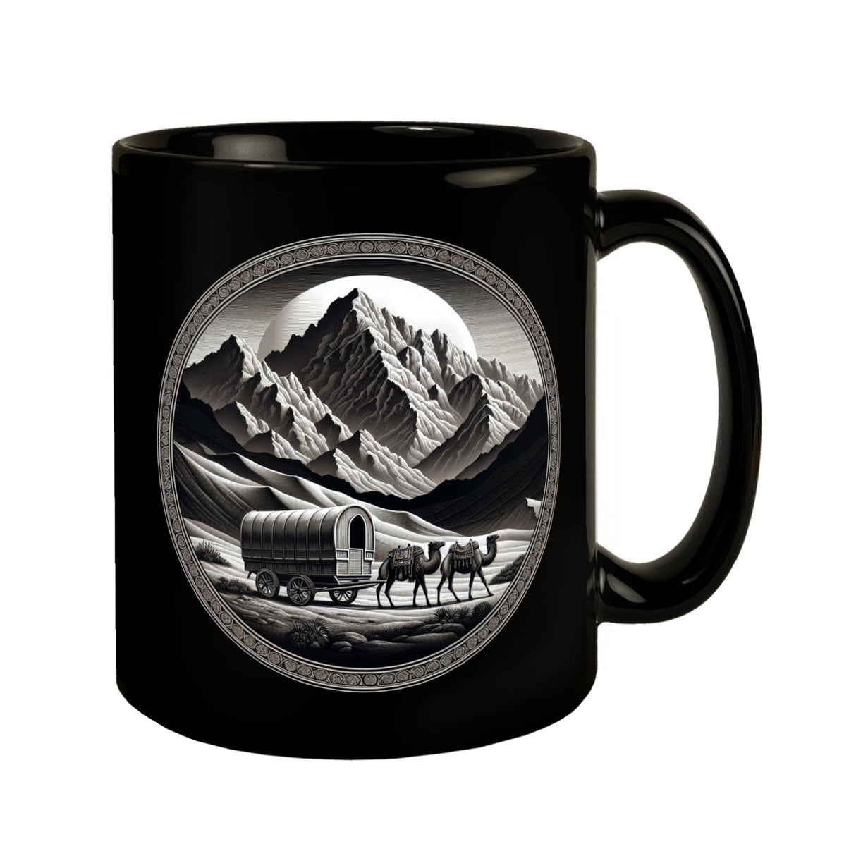 Planwagen mit zwei Kamelen Tasse schwarz in Schwarz