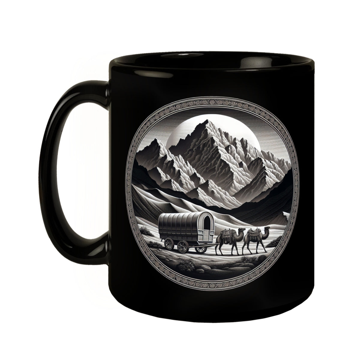 Planwagen mit zwei Kamelen Tasse schwarz in Schwarz
