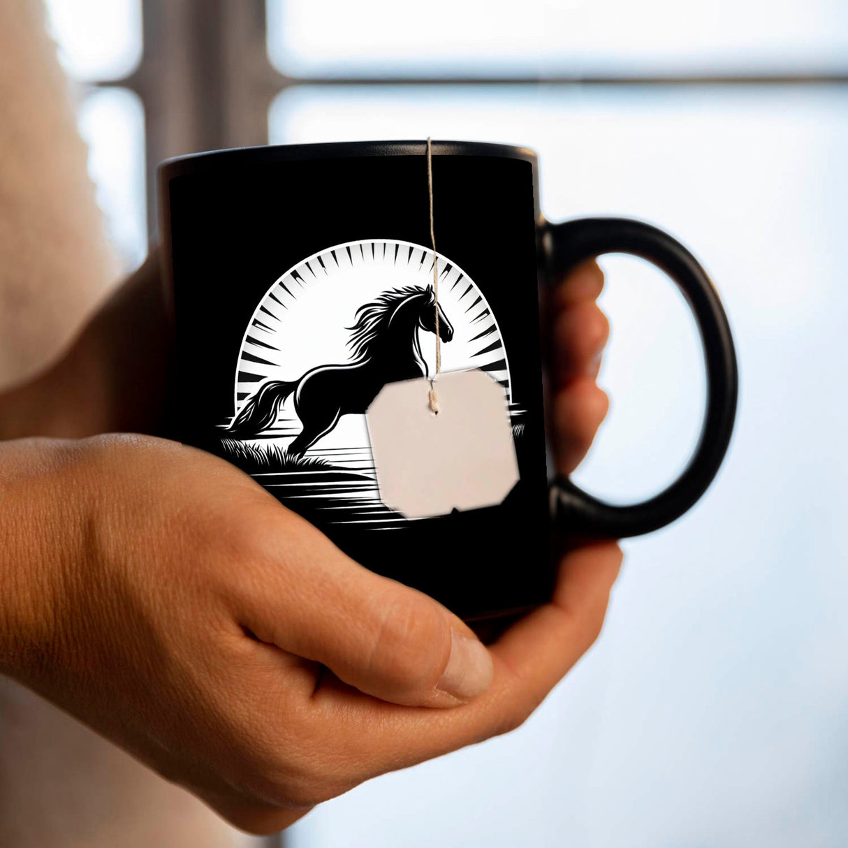 Springendes Pferd im Sonnenaufgang Tasse schwarz in Schwarz