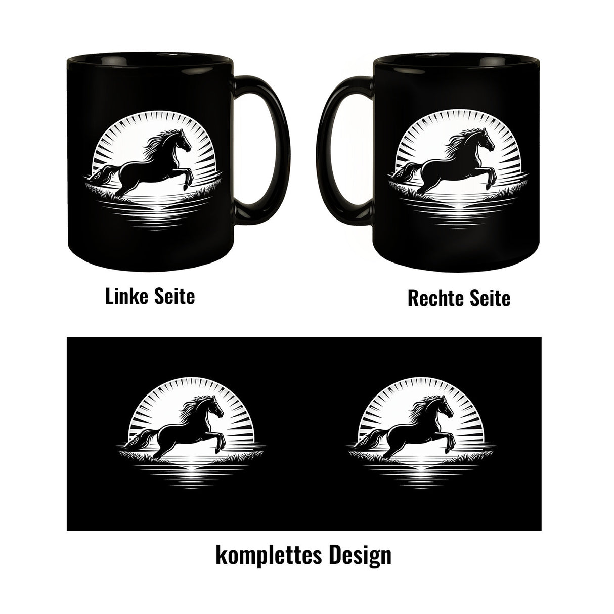 Springendes Pferd im Sonnenaufgang Tasse schwarz in Schwarz