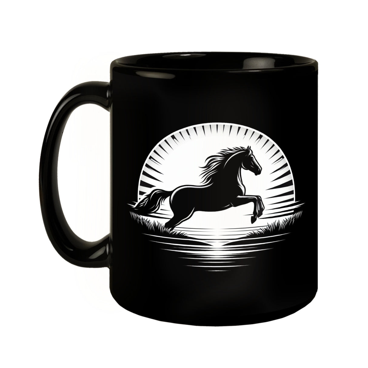 Springendes Pferd im Sonnenaufgang Tasse schwarz in Schwarz