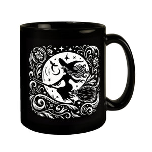 Hexe fliegt auf einem Besen im Mondschein Tasse schwarz in Schwarz