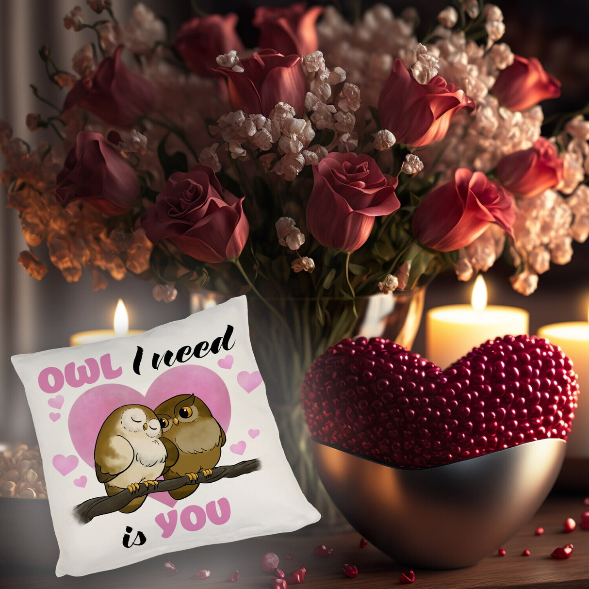 Eulenpaar Kissen mit Spruch Owl I need is you