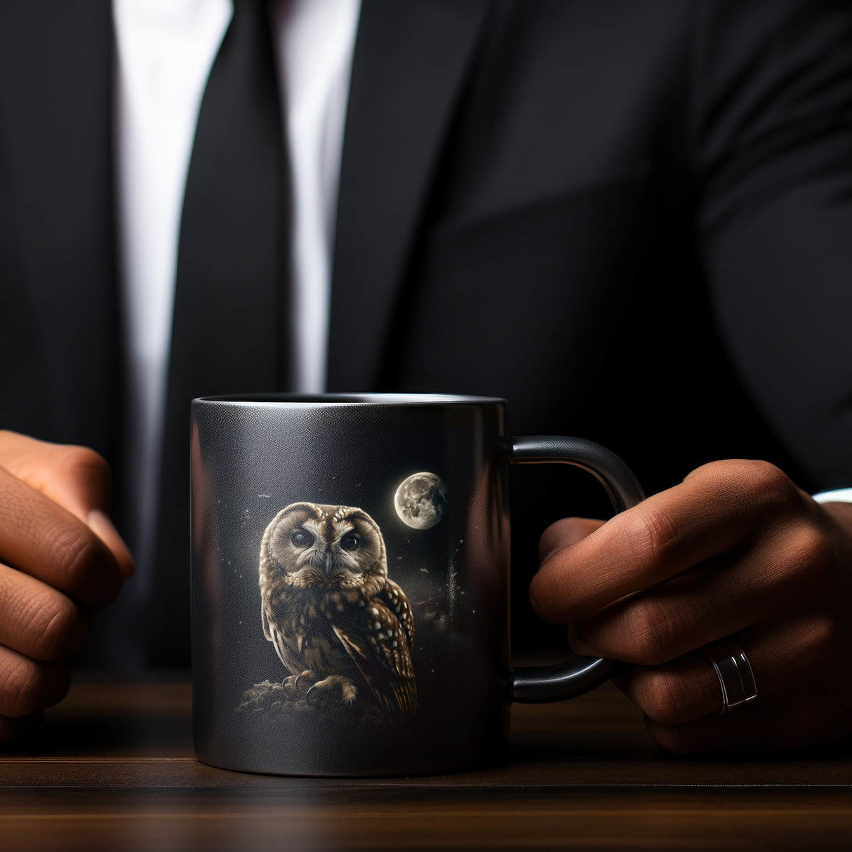Eule im Mondschein Tasse schwarz in Schwarz