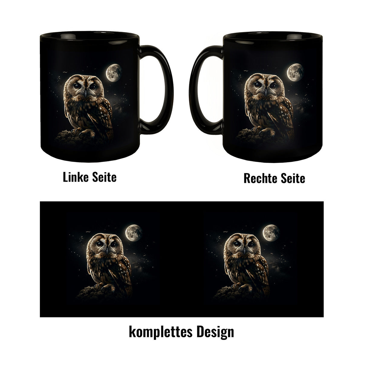 Eule im Mondschein Tasse schwarz in Schwarz