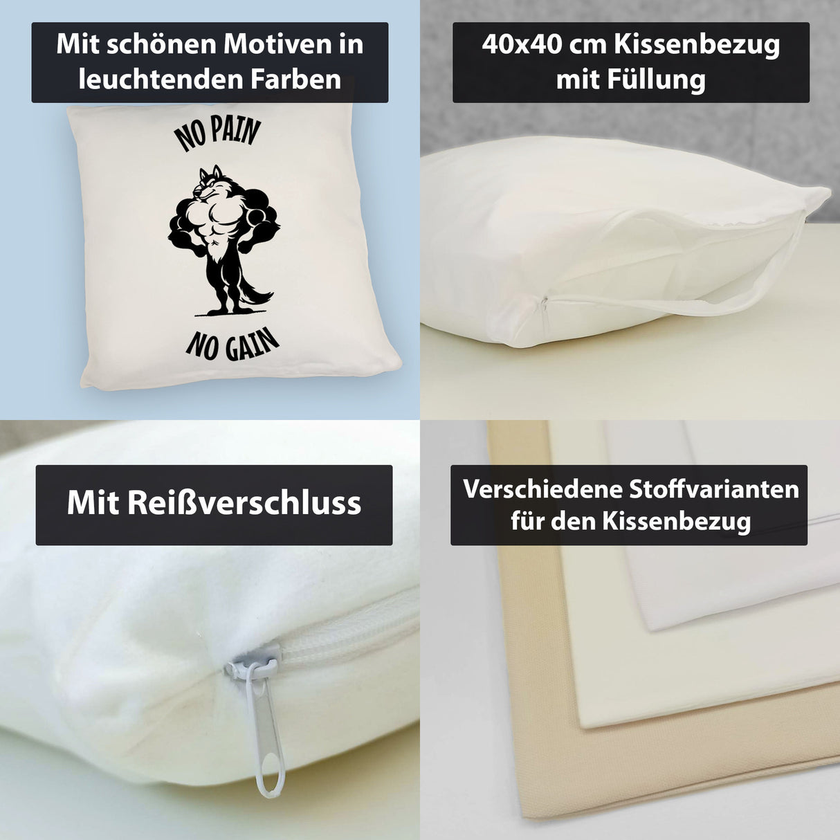 Muskulöser Fitness-Wolf Kissen mit Spruch NO PAIN NO GAIN