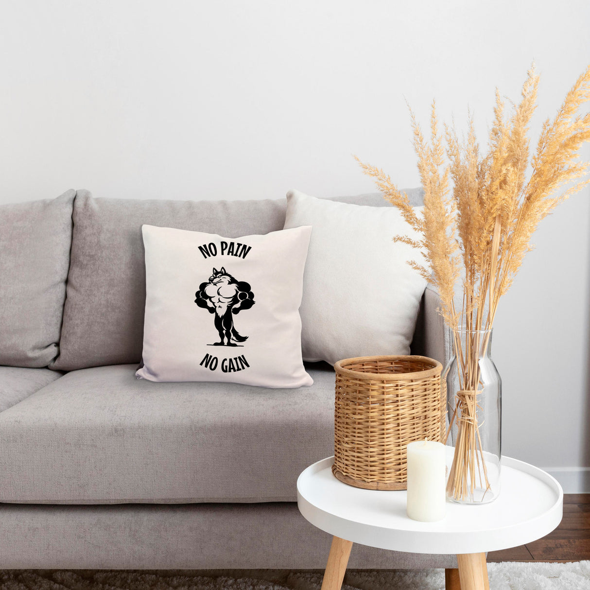 Muskulöser Fitness-Wolf Kissen mit Spruch NO PAIN NO GAIN