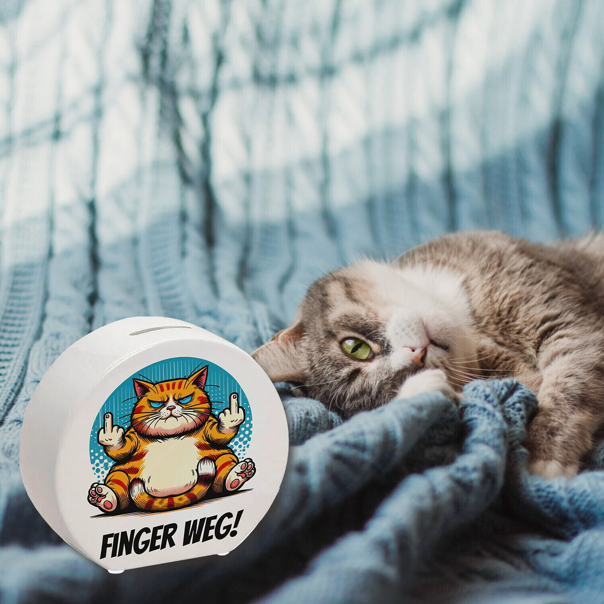 Katze Mittelfinger Spardose mit Spruch Finger weg!
