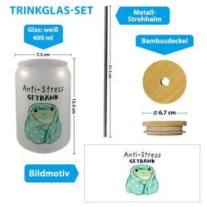 Frosch in blauer Decke Trinkglas mit Bambusdeckel mit Spruch Anti-Stress Getränk