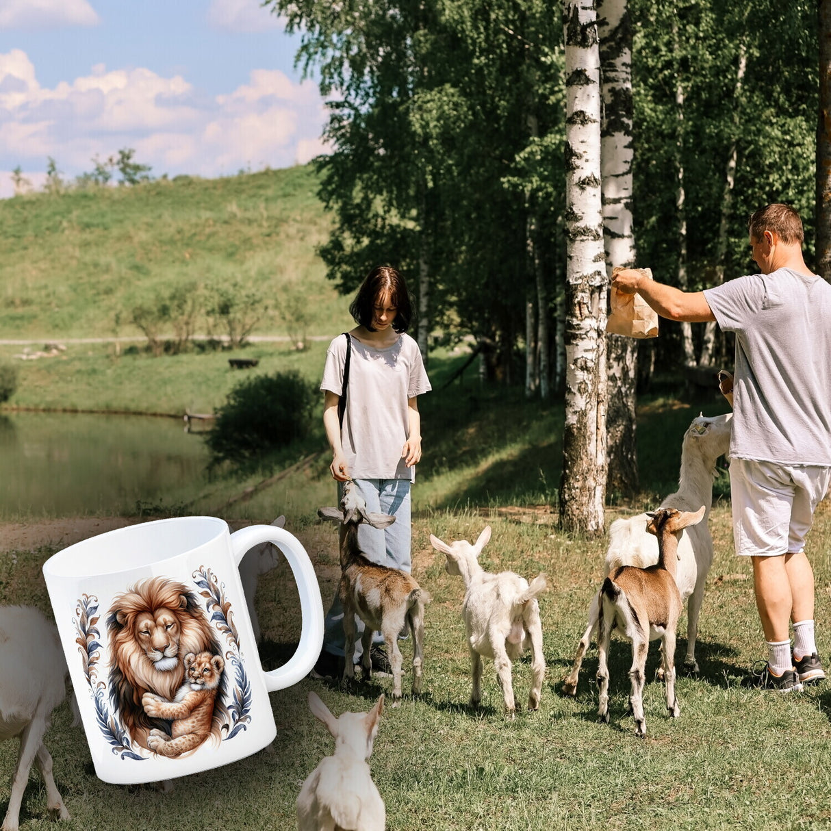 Löwenpapa mit Baby Kaffeebecher