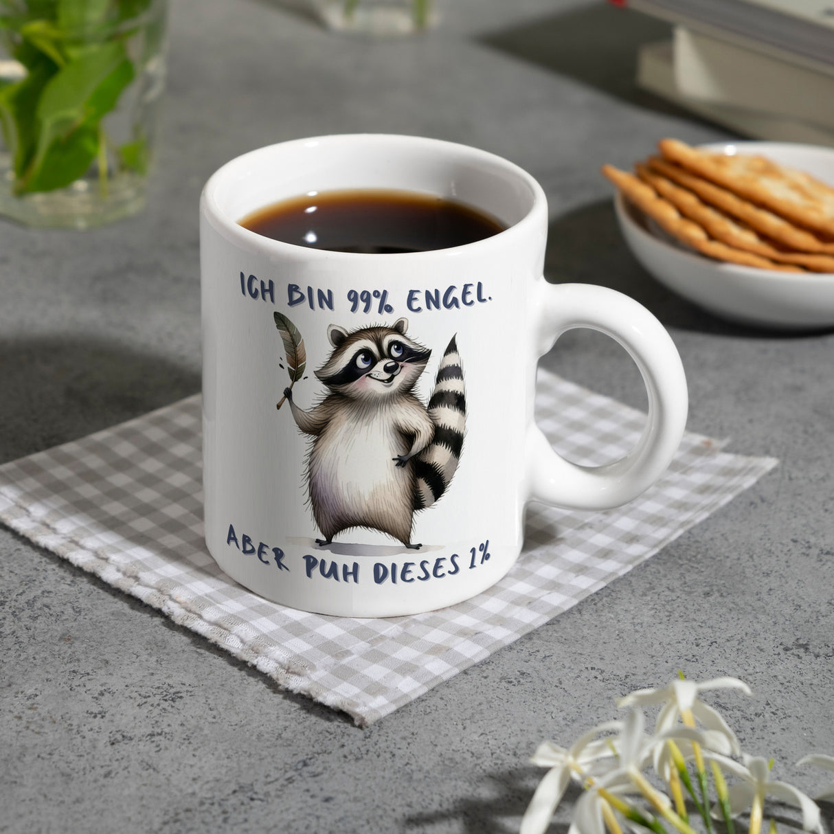 Waschbär Kaffeebecher mit Spruch Ich bin 99% Engel Aber puh dieses 1%