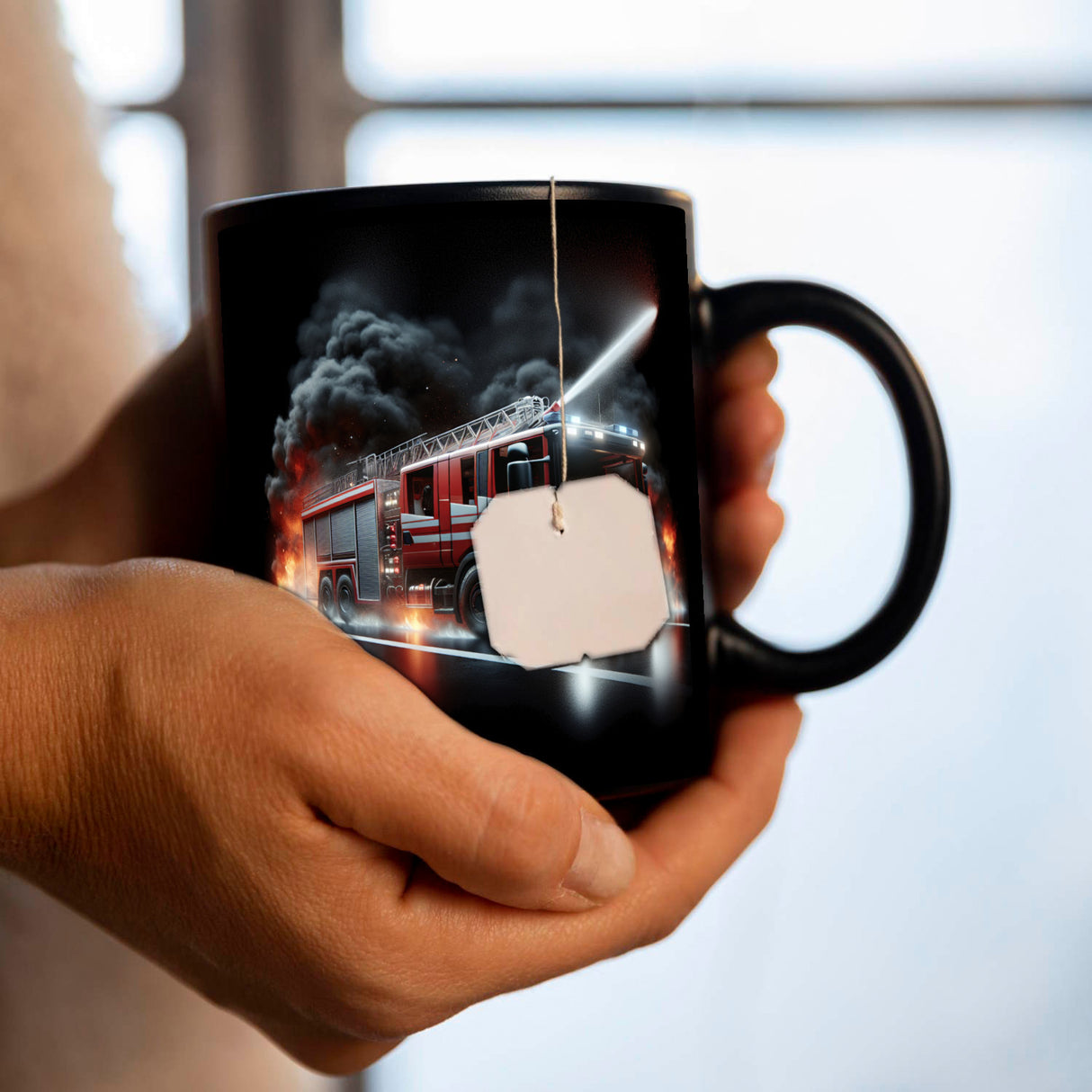 Feuerwehrfahrzeug im Einsatz Tasse in Schwarz