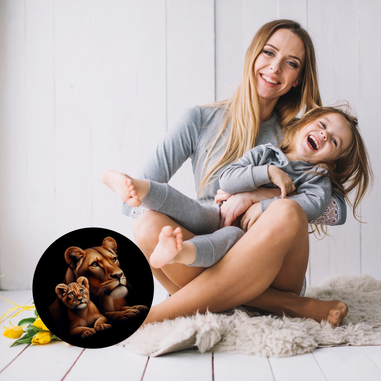 Löwin mit Babylöwe Magnet rund