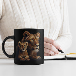Löwin mit Babylöwe Tasse in Schwarz