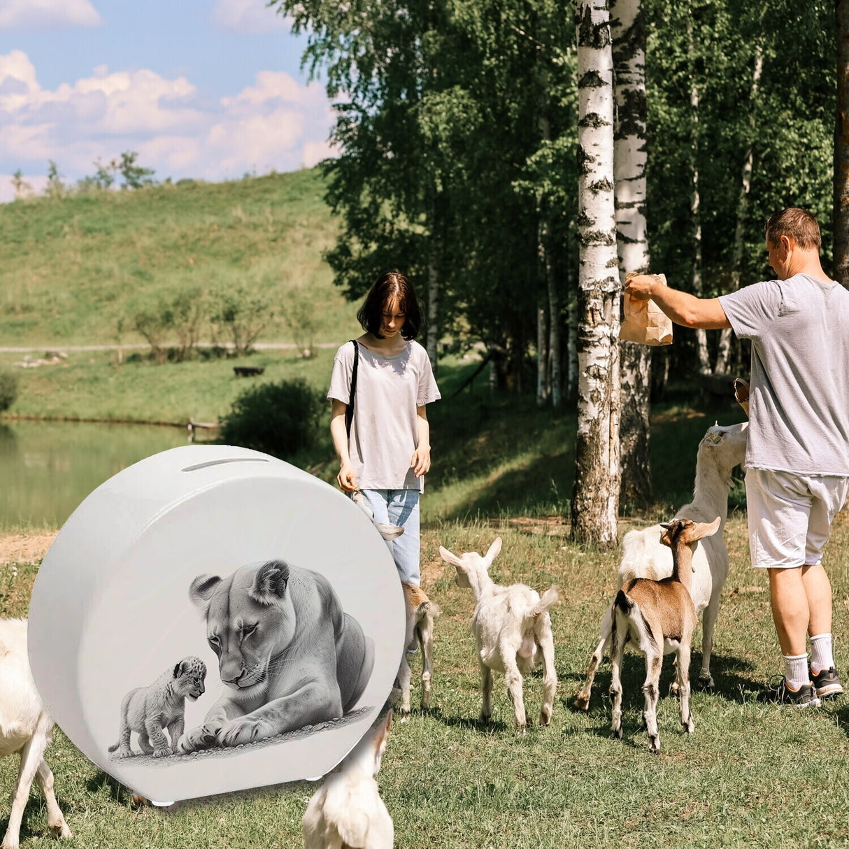 Liegende Löwin mit Babylöwe Spardose