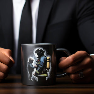 Feuerwehrmann hält die Hand seines Kindes Tasse in Schwarz