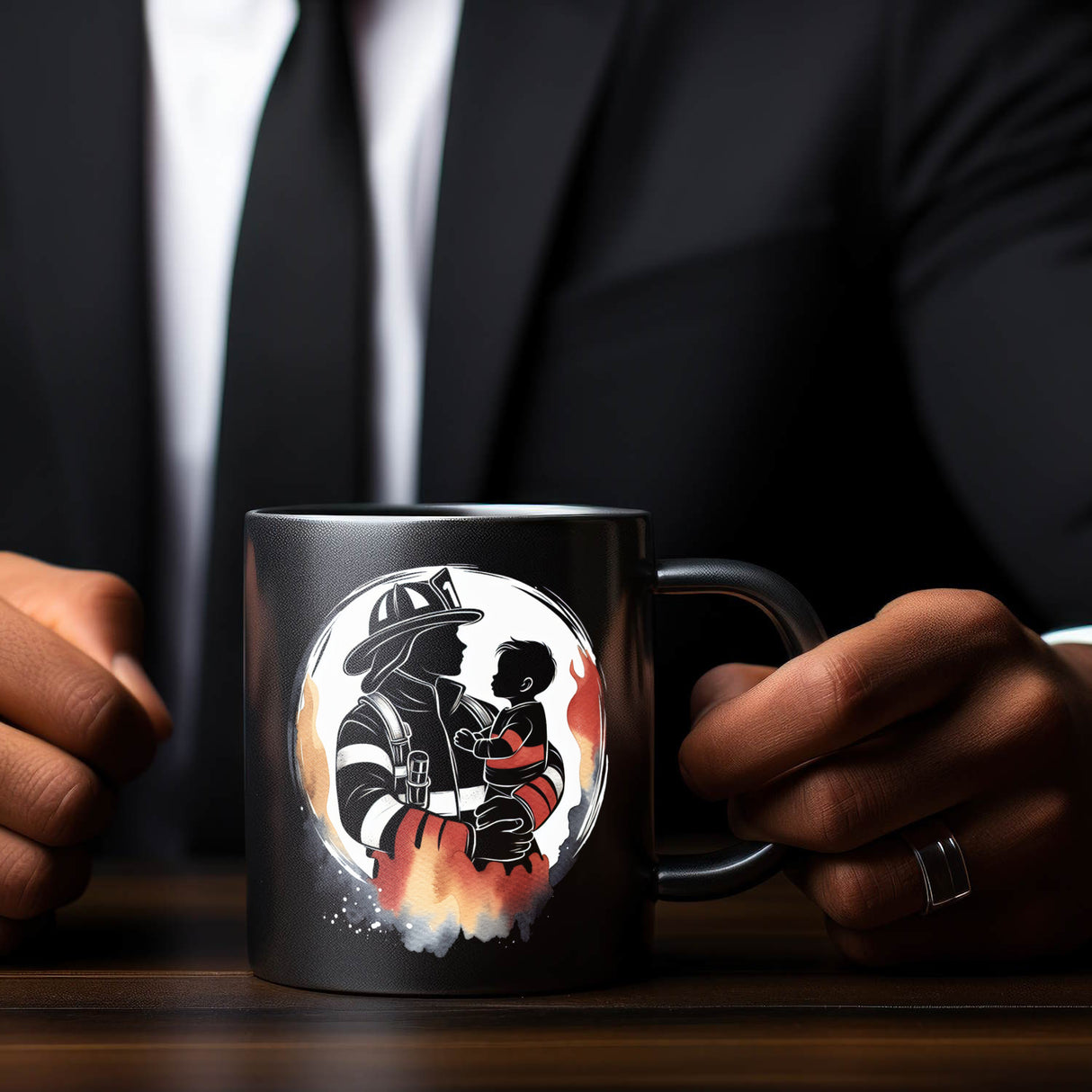 Feuerwehrmann mit Kind auf dem Arm Tasse in Schwarz