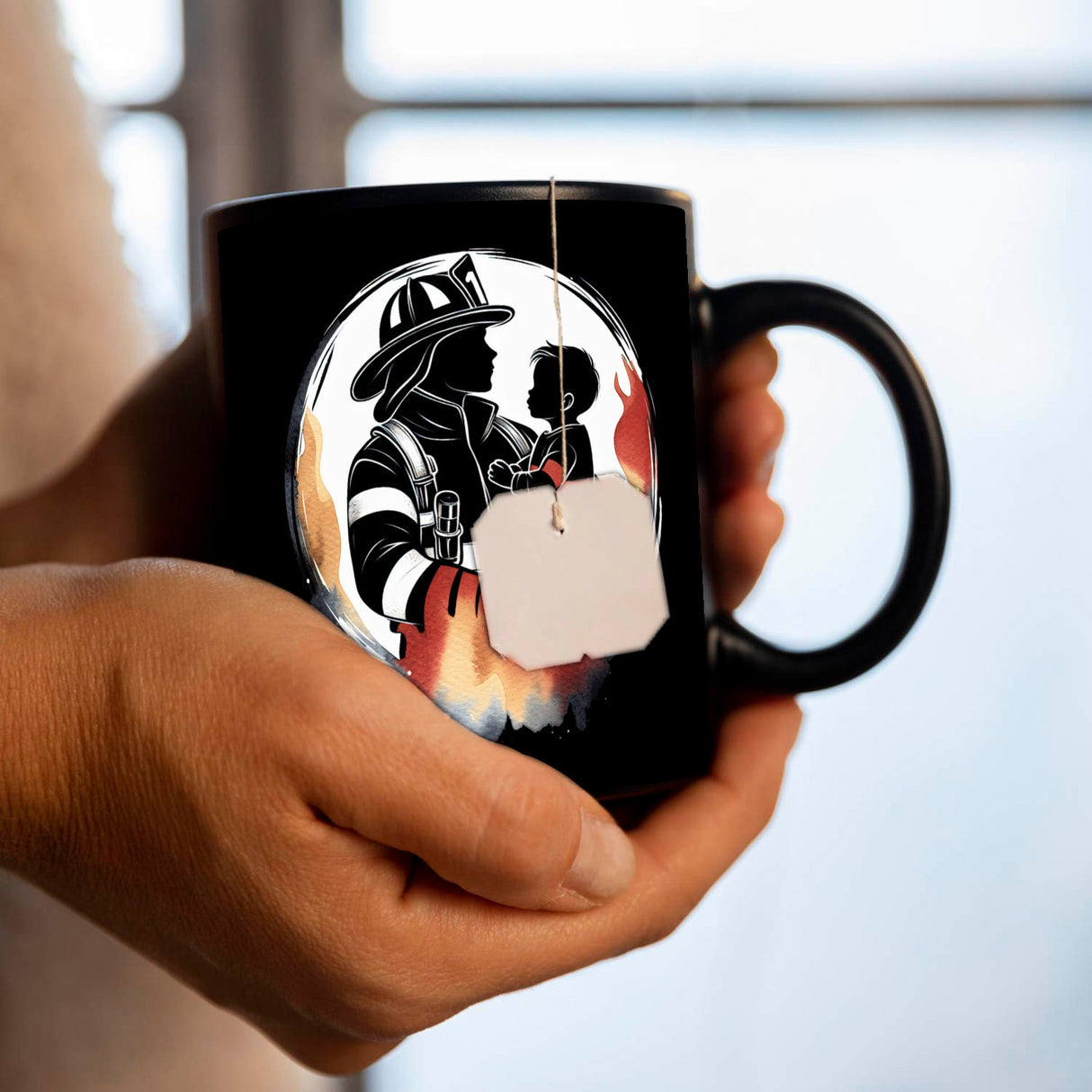 Feuerwehrmann mit Kind auf dem Arm Tasse in Schwarz