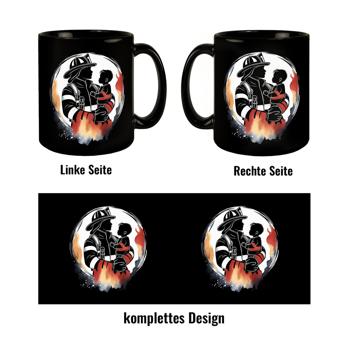 Feuerwehrmann mit Kind auf dem Arm Tasse in Schwarz