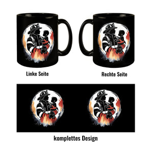 Feuerwehrmann mit Kind auf dem Arm Tasse in Schwarz