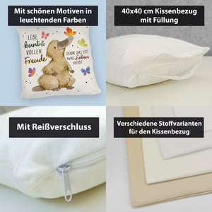 Schnabeltier Kissen mit Spruch Lebe bunt und freudig