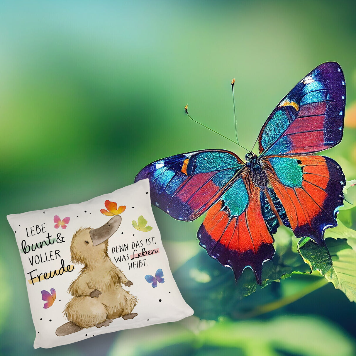 Schnabeltier Kissen mit Spruch Lebe bunt und freudig