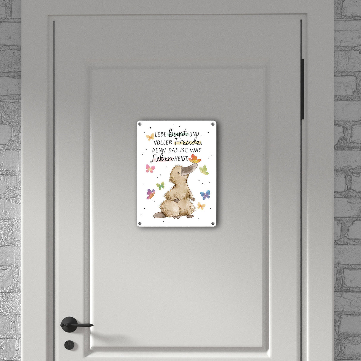 Schnabeltier Metallschild in 15x20 cm mit Spruch Lebe bunt und freudig