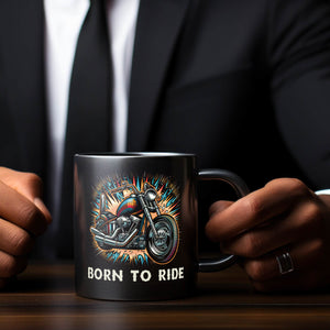 Chopper-Motorrad Tasse in Schwarz mit Spruch Born to Ride