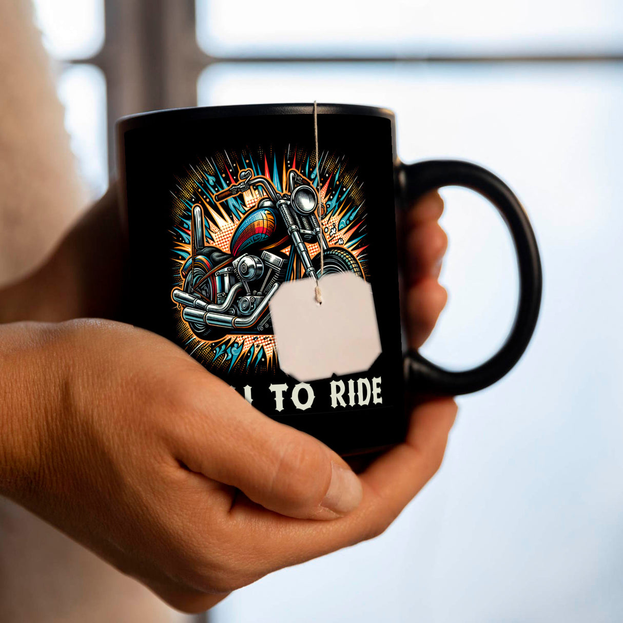 Chopper-Motorrad Tasse in Schwarz mit Spruch Born to Ride