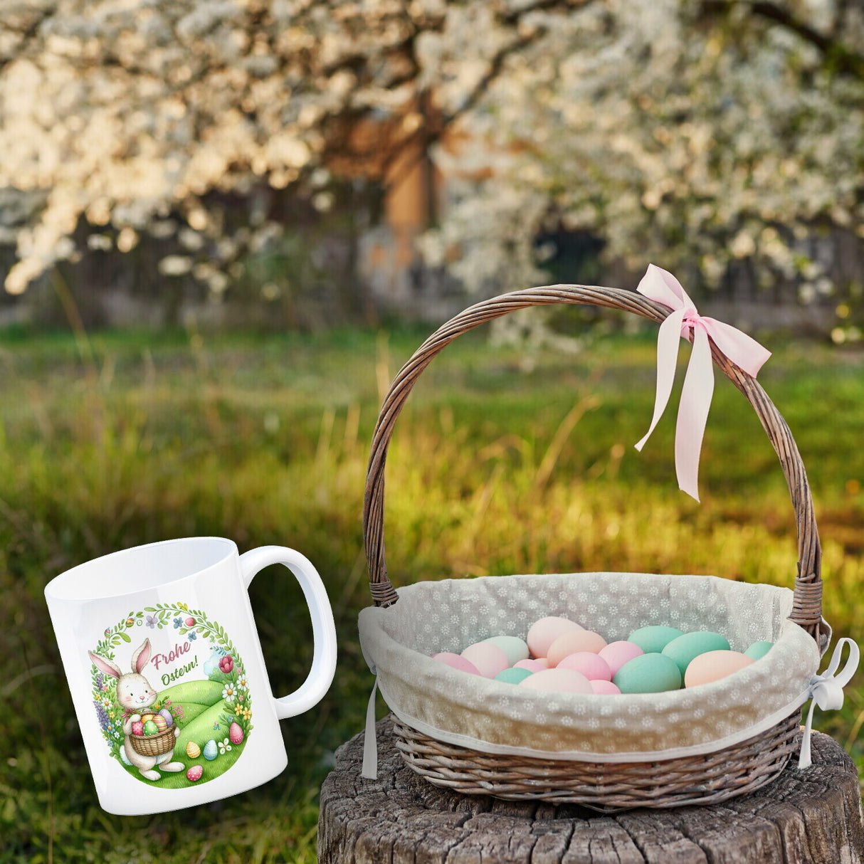 Osterhase Kaffeebecher mit Spruch Frohe Ostern