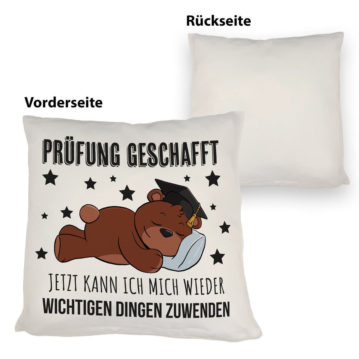 Schlafender Bär mit Doktorhut Kissen mit Spruch Prüfung bestanden