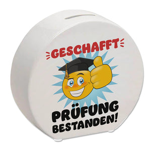 Prüfung bestanden Spardose mit Gesicht und Daumen hoch