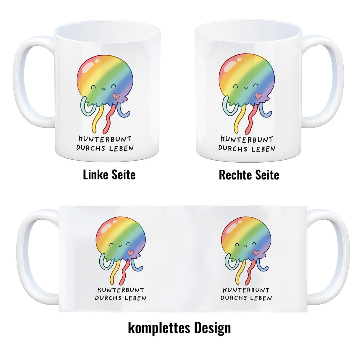 Jelly & Friends Regenbogen-Qualle Kaffeebecher mit Spruch Kunterbunt durchs Leben