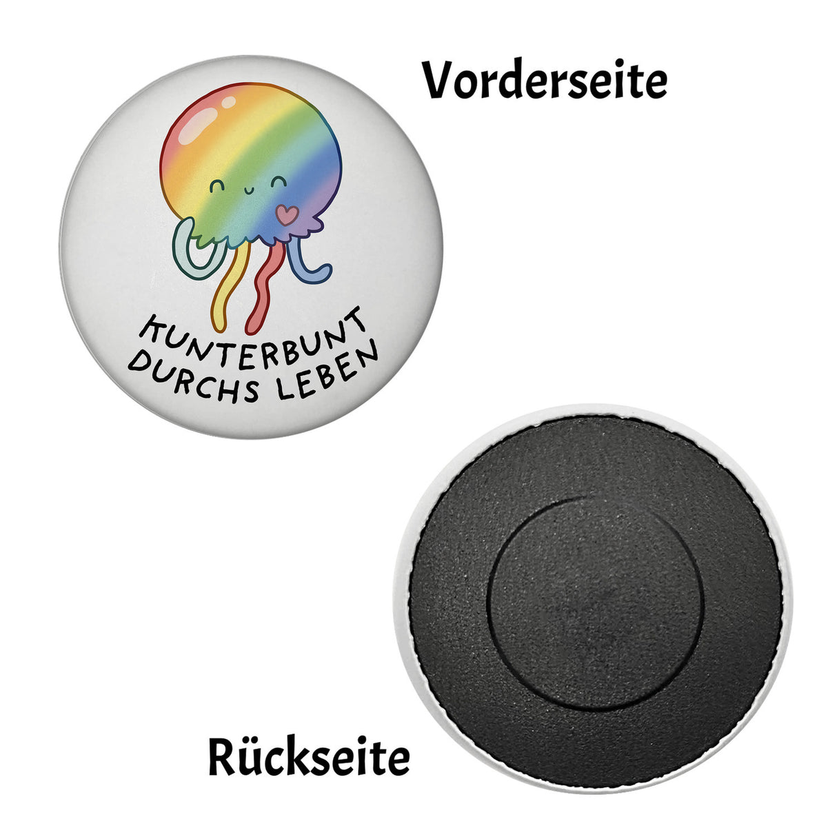 Jelly & Friends Regenbogen-Qualle Magnet rund mit Spruch Kunterbunt durchs Leben