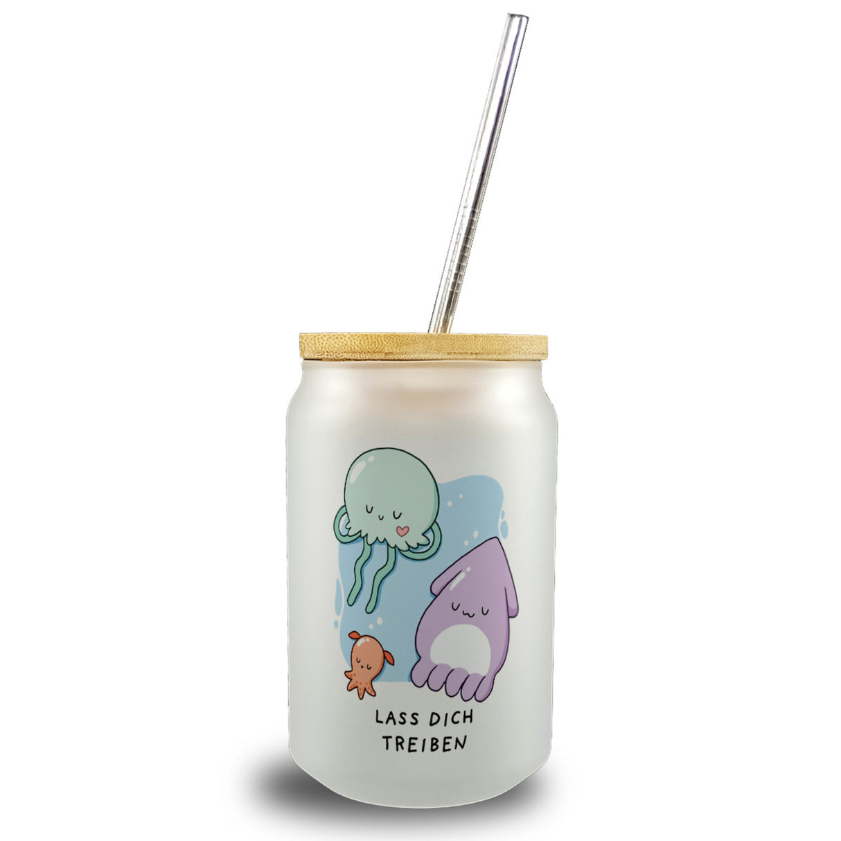 Jelly & Friends Trinkglas mit Bambusdeckel mit Spruch Lass dich treiben