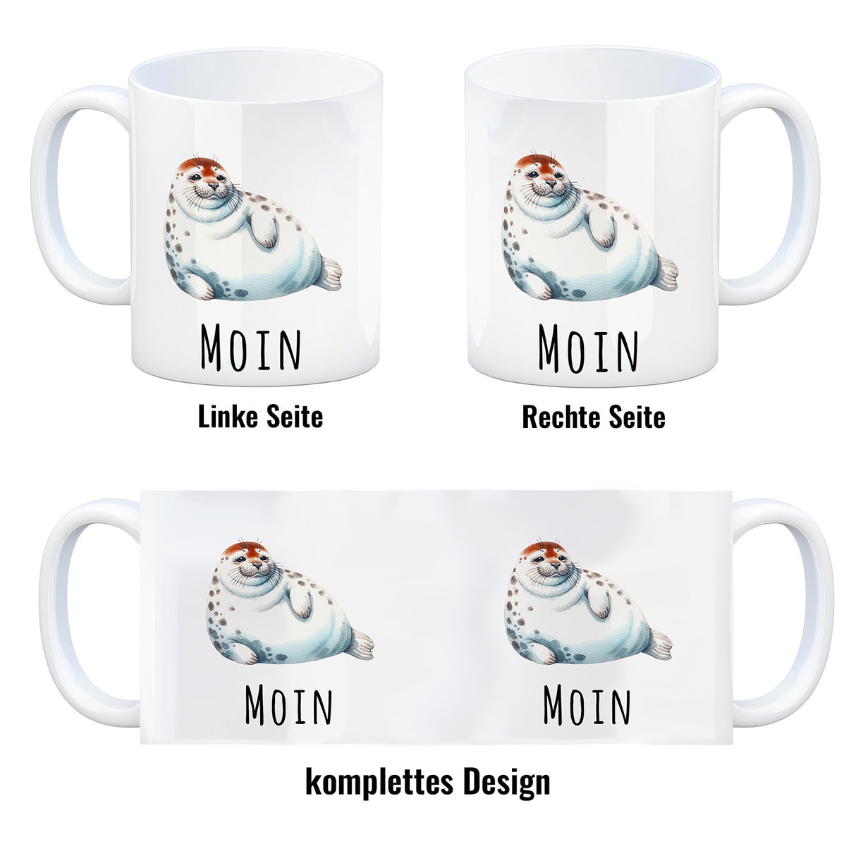 Dicke Robbe Kaffeebecher mit Spruch Moin