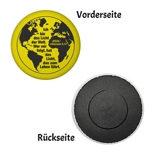 Johannes 8,12 Bibelvers Magnet rund mit Erdkugel & Spruch Licht der Welt