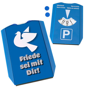 Friendstaube Parkscheibe in blau mit Spruch Friede sei mit Dir