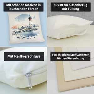 Leuchtturm mit Häuser im Hintergrund Kissen