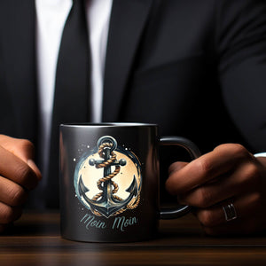Anker mit Seil Tasse in Schwarz mit Spruch Moin Moin