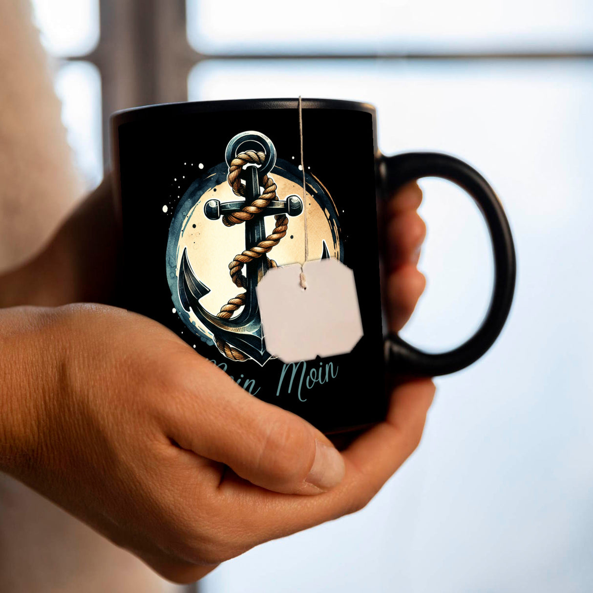 Anker mit Seil Tasse in Schwarz mit Spruch Moin Moin