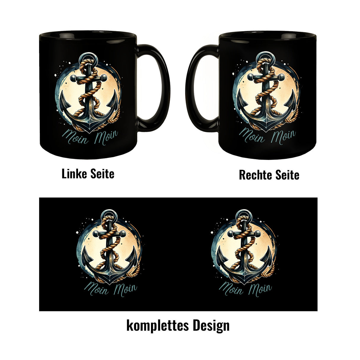 Anker mit Seil Tasse in Schwarz mit Spruch Moin Moin