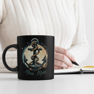 Anker mit Seil Tasse in Schwarz mit Spruch Moin Moin