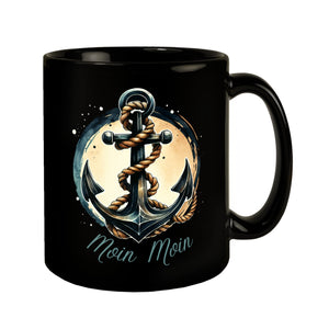 Anker mit Seil Tasse in Schwarz mit Spruch Moin Moin