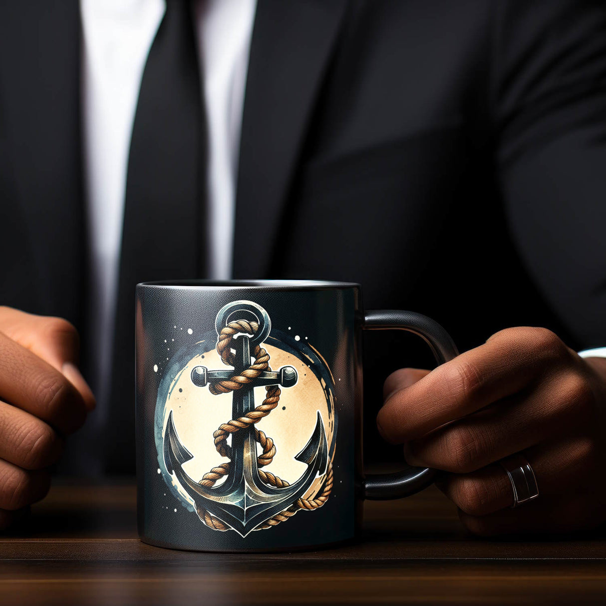 Anker mit Seil Tasse in Schwarz